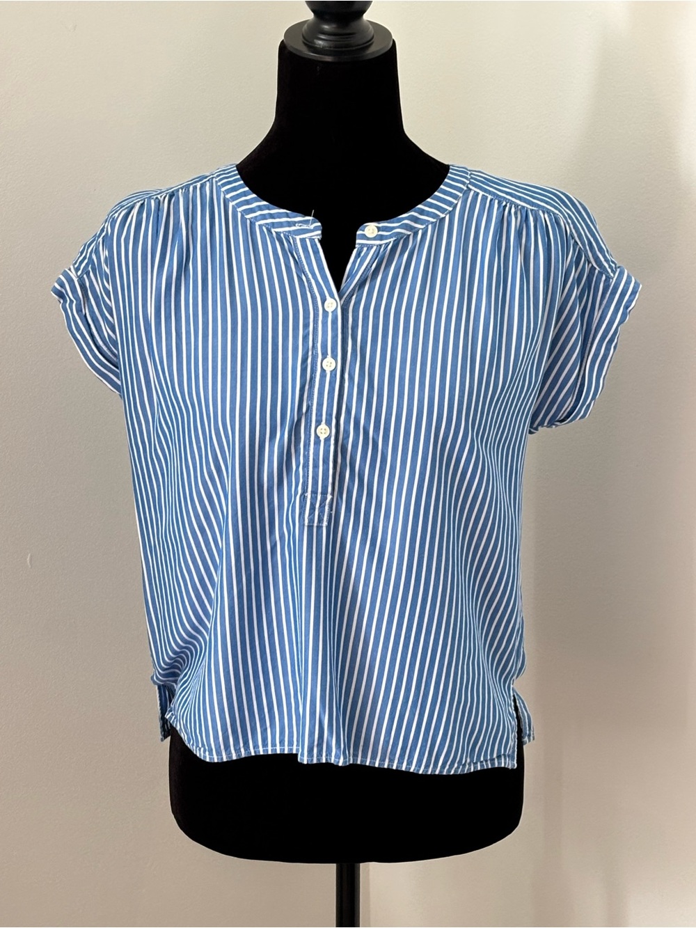 Ann Taylor Striped Blue Short-Sleeve Henley Top